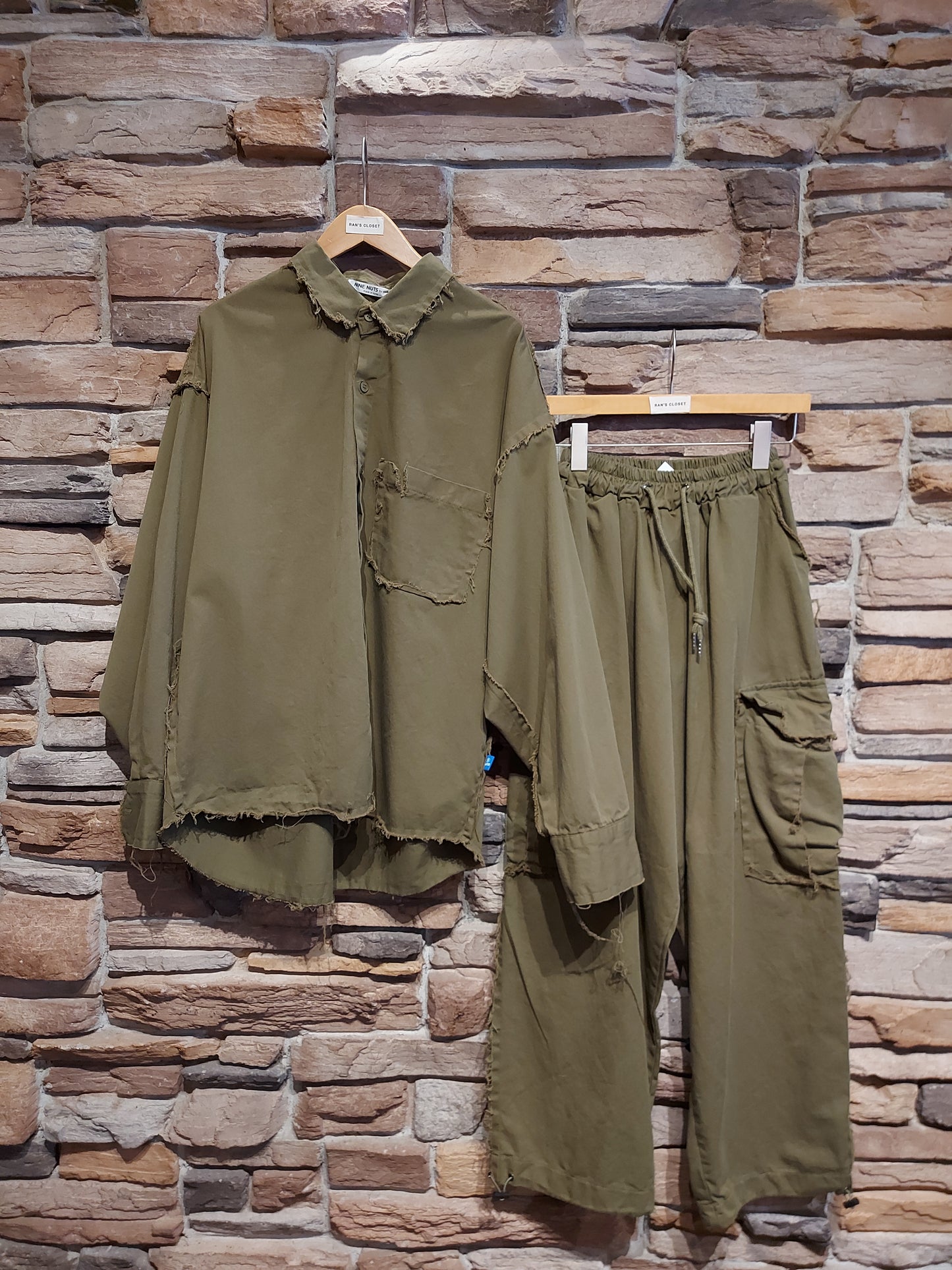Raw edge men's shirt jacket and pants set