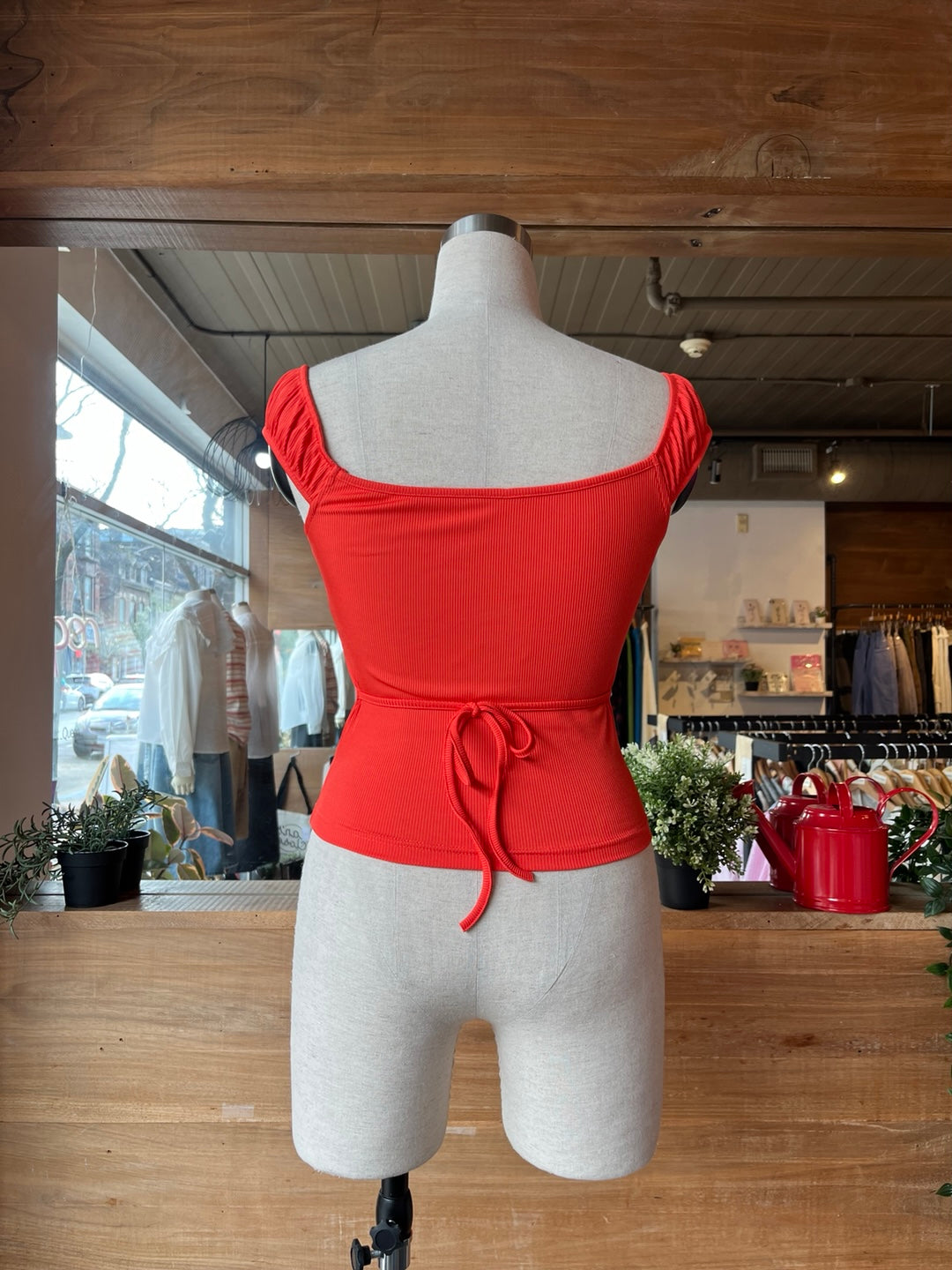 Ribbed Orange Puff Sleeved Cropped T-Shirt