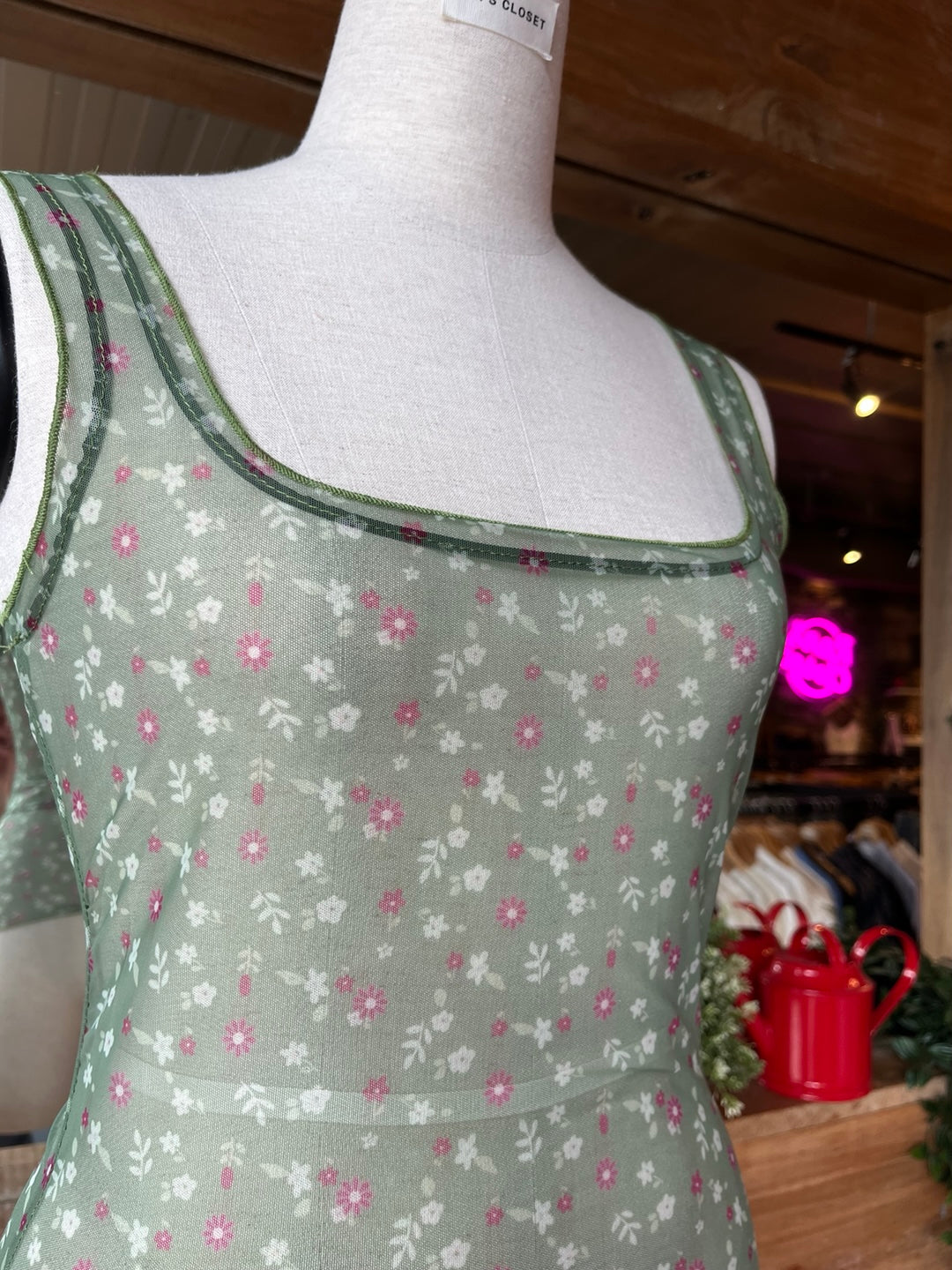 Green Floral Mesh Tank Top