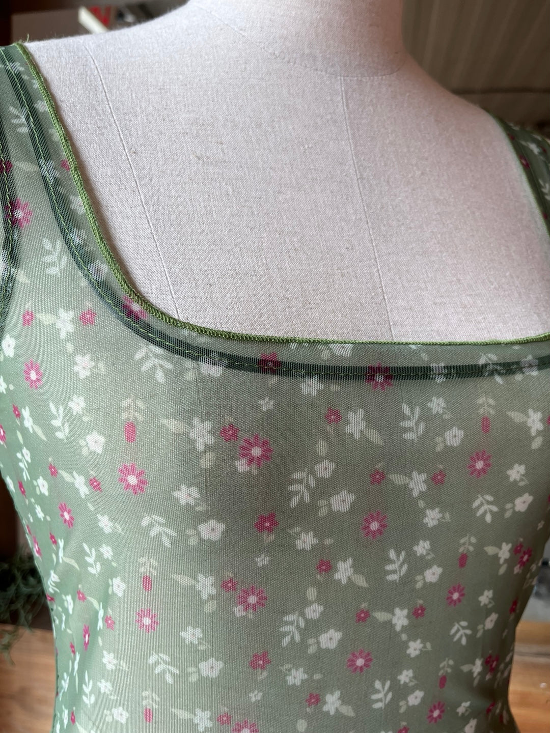 Green Floral Mesh Tank Top