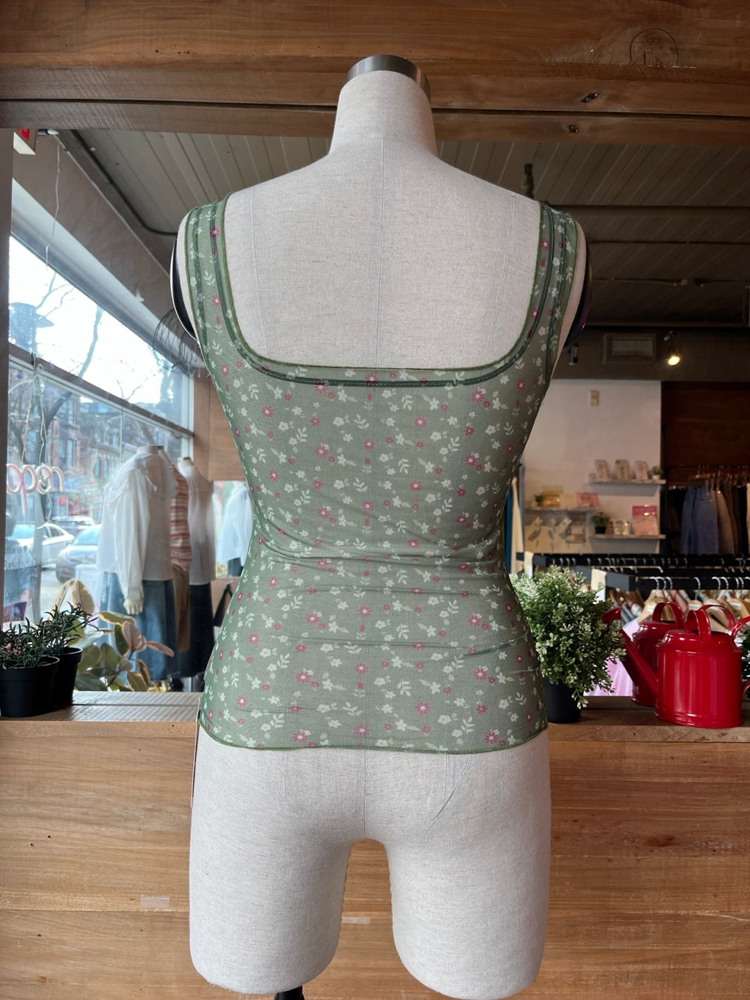 Green Floral Mesh Tank Top
