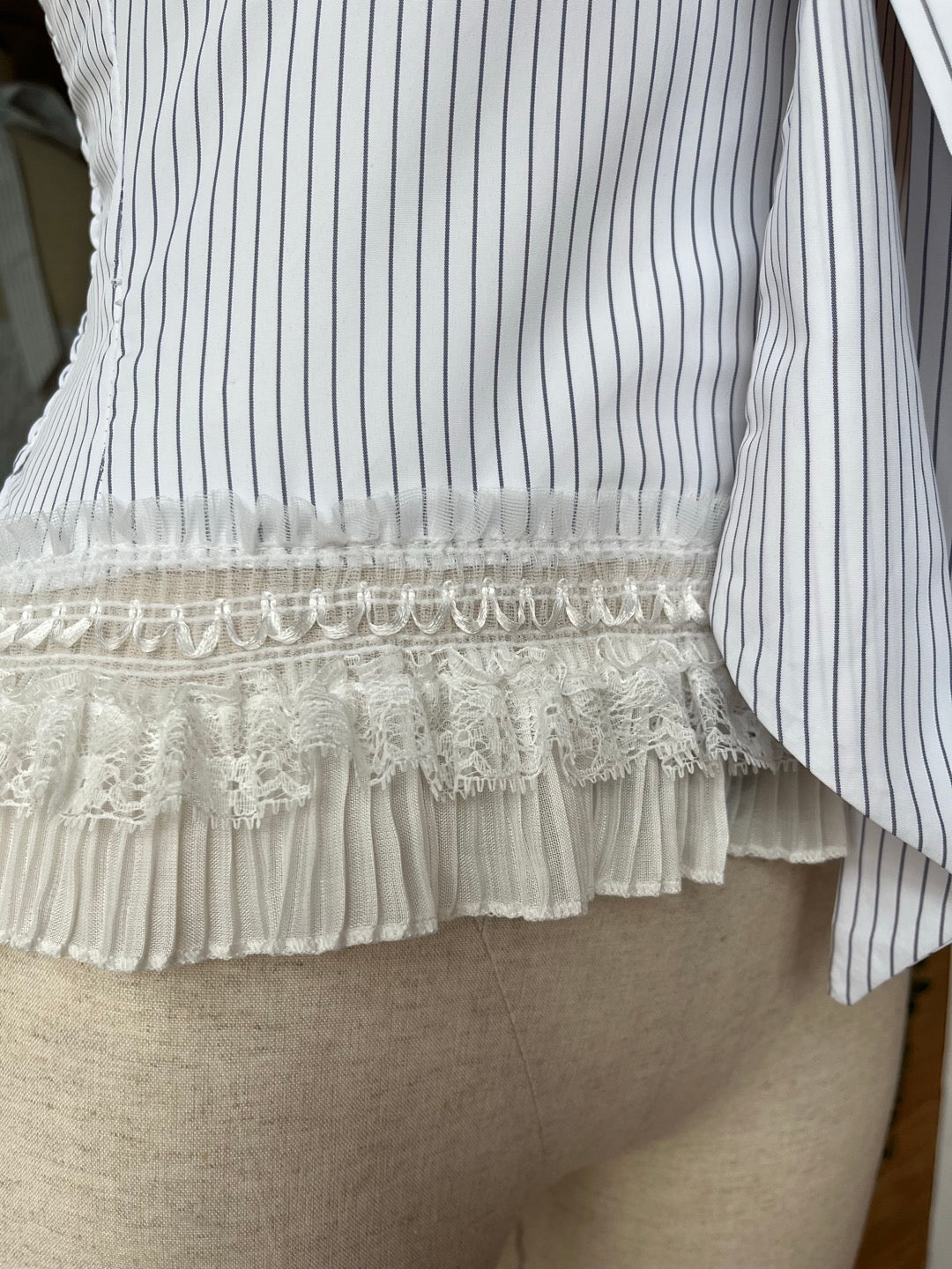 Pinstripe Halter Top with Lace Trim