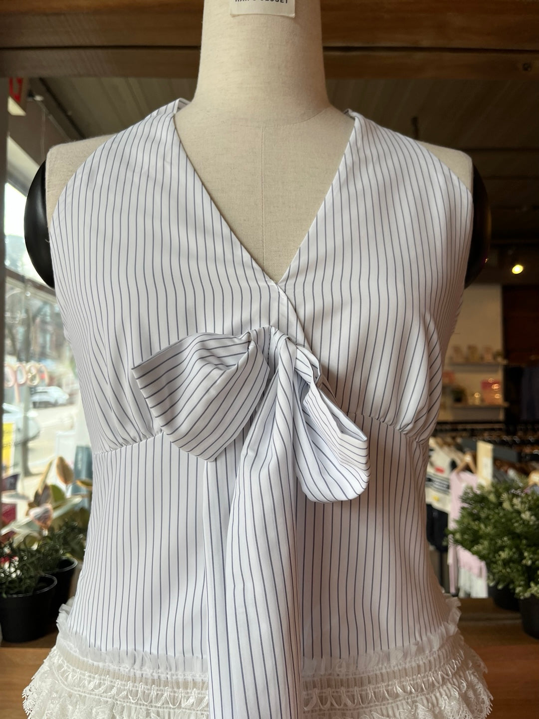 Pinstripe Halter Top with Lace Trim