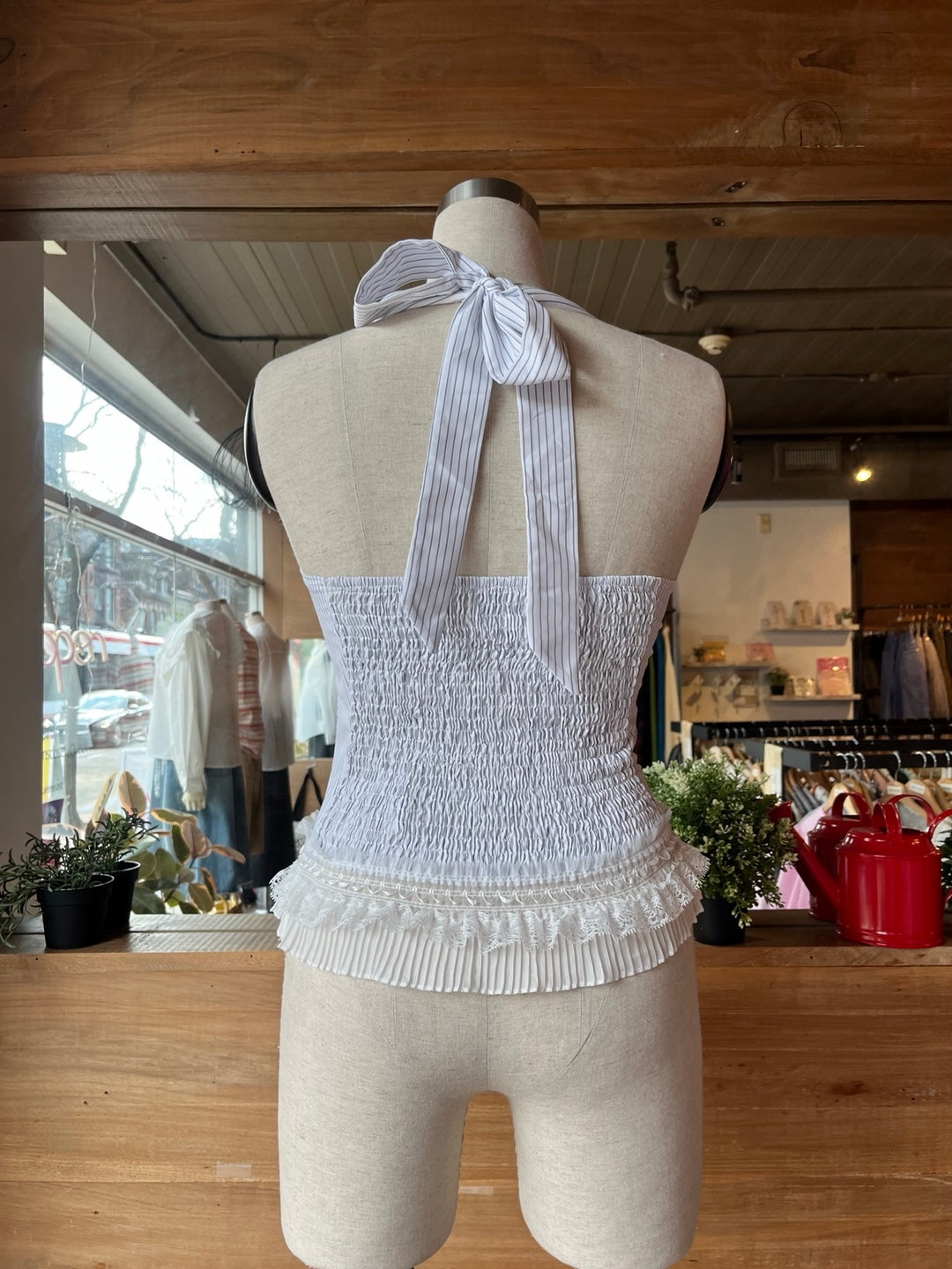 Pinstripe Halter Top with Lace Trim