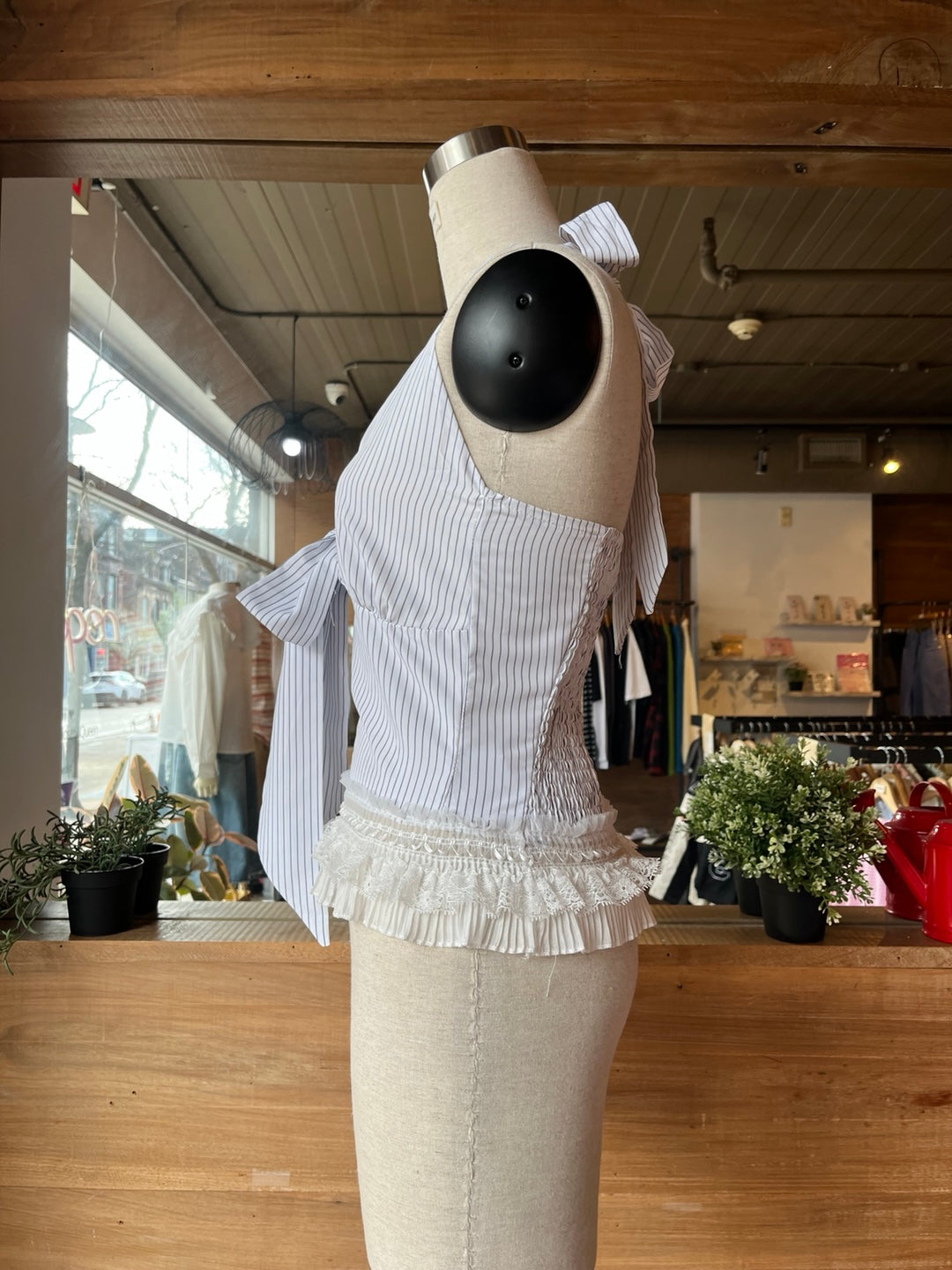 Pinstripe Halter Top with Lace Trim
