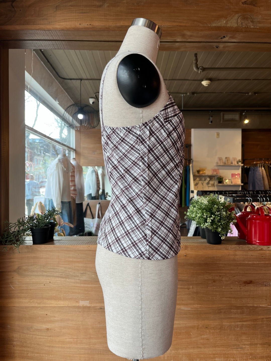 Brown Plaid Buttoned Tank Top
