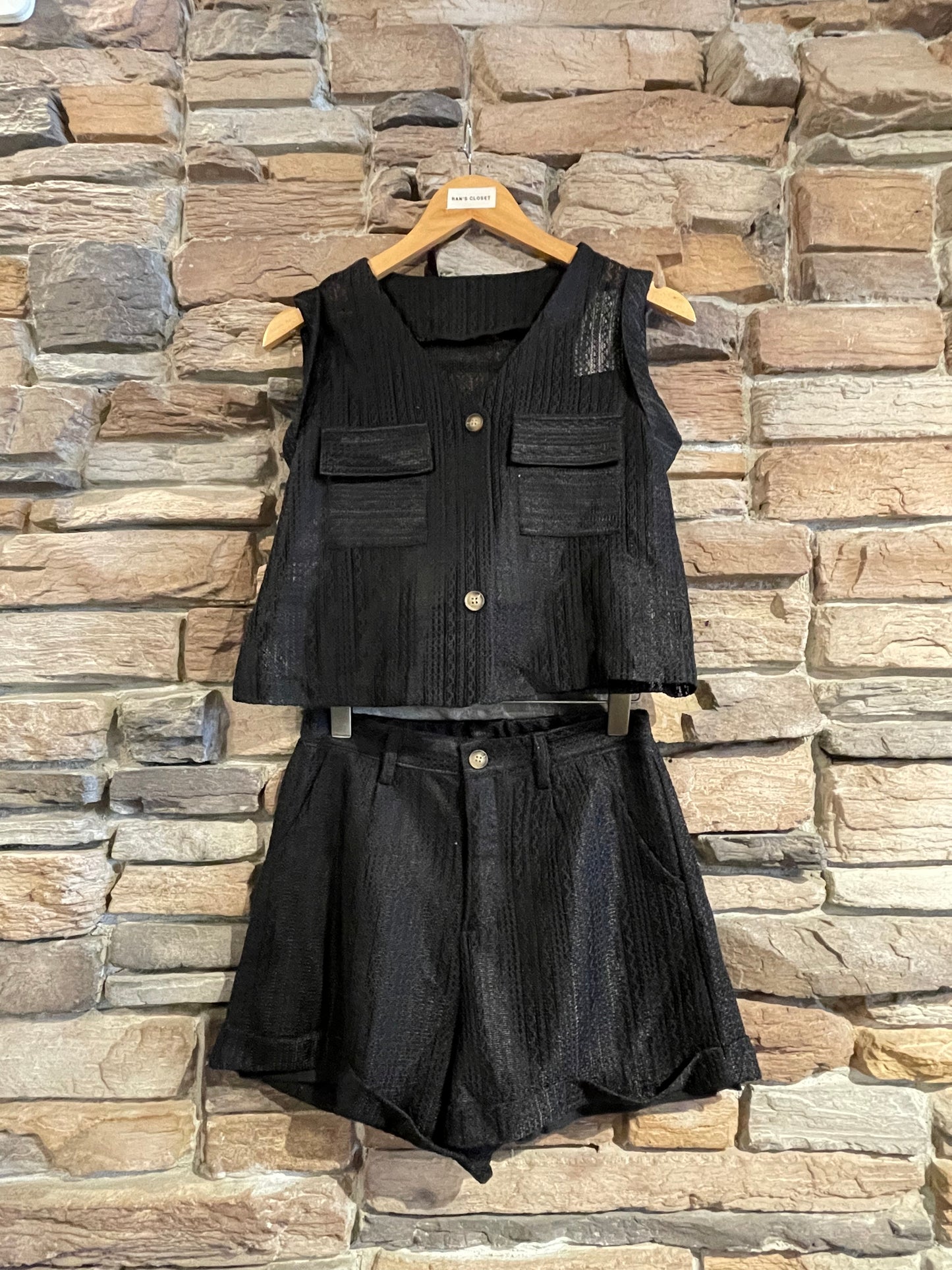 Mesh Patterned Button Up Top and Short Set