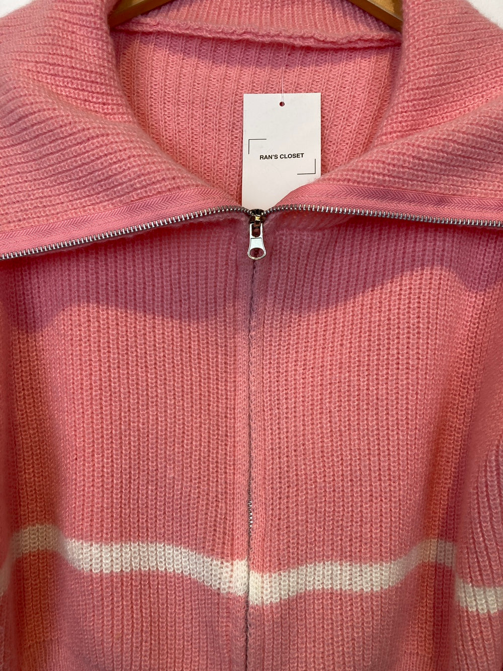 Oversized Collar Double Zip Knit Cardigan with Stripe