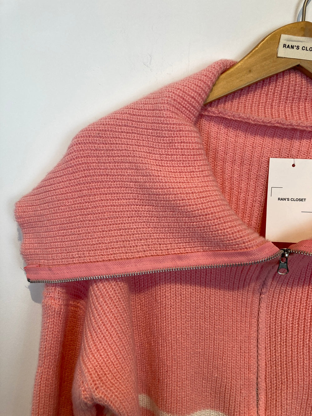 Oversized Collar Double Zip Knit Cardigan with Stripe