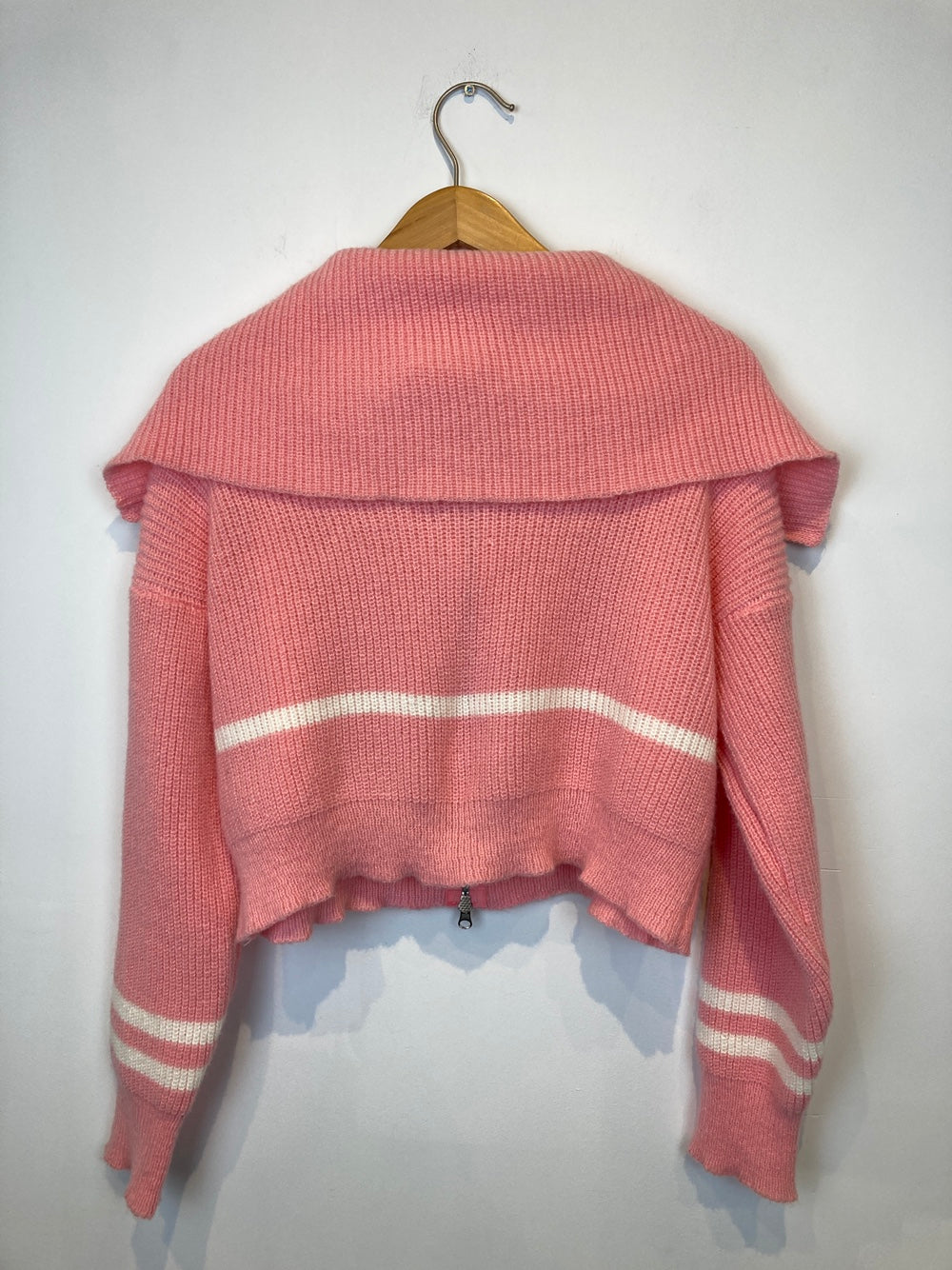 Oversized Collar Double Zip Knit Cardigan with Stripe