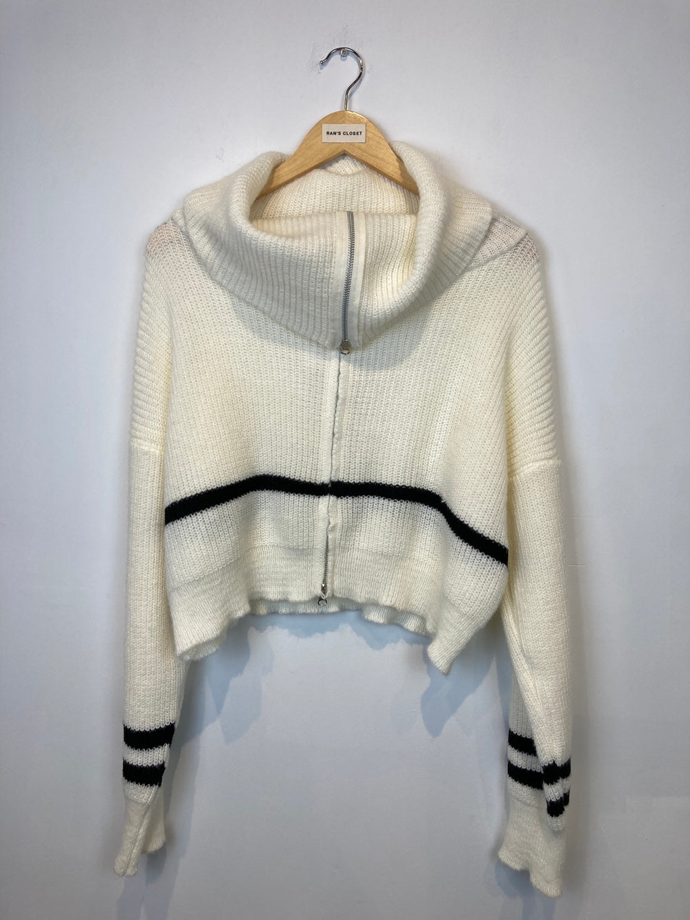 Oversized Collar Double Zip Knit Cardigan with Stripe