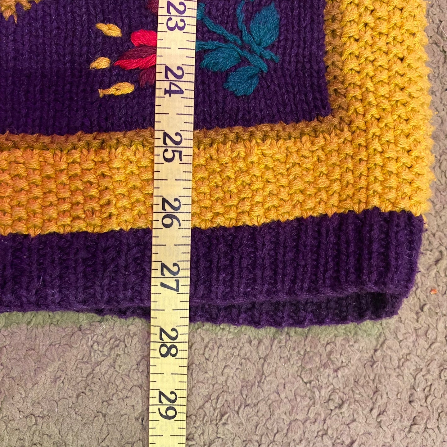 Vintage Knit Purple and Yellow Sweater with Ornate Flower Design