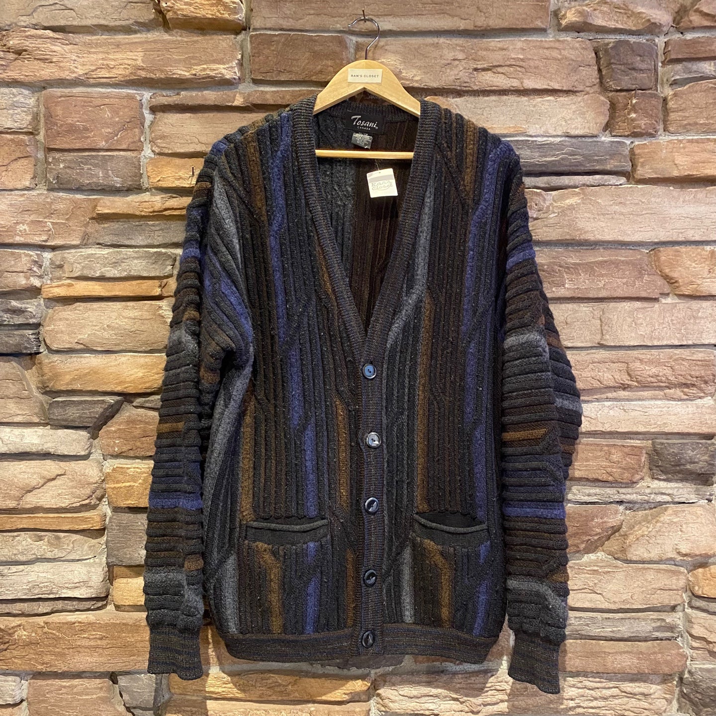 Vintage Tosani Coogi Style 3D Knit Cardigan | Vintage Sweater | Tosani Made in Canada | Blue Brown and Black 3D Knit Sweater | NPQ-2108