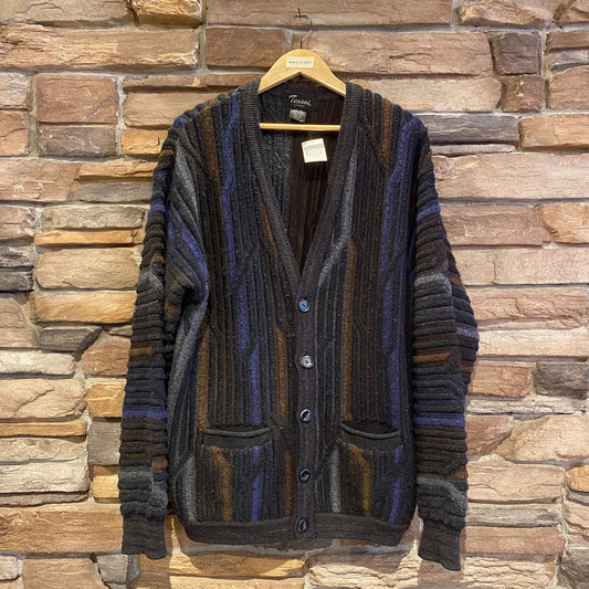 Vintage Tosani Coogi Style 3D Knit Cardigan | Vintage Sweater | Tosani Made in Canada | Blue Brown and Black 3D Knit Sweater | NPQ-2108