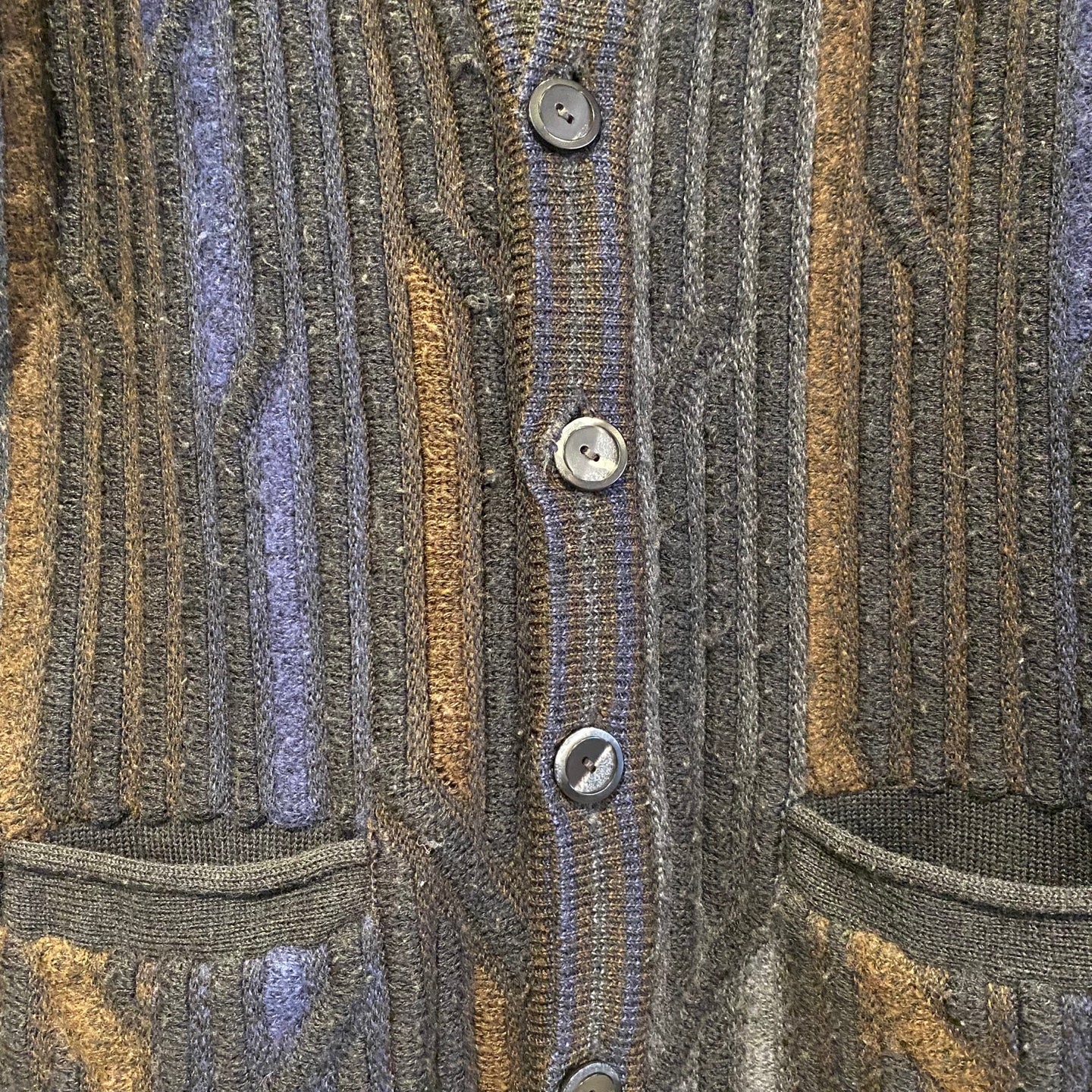 Vintage Tosani Coogi Style 3D Knit Cardigan | Vintage Sweater | Tosani Made in Canada | Blue Brown and Black 3D Knit Sweater | NPQ-2108