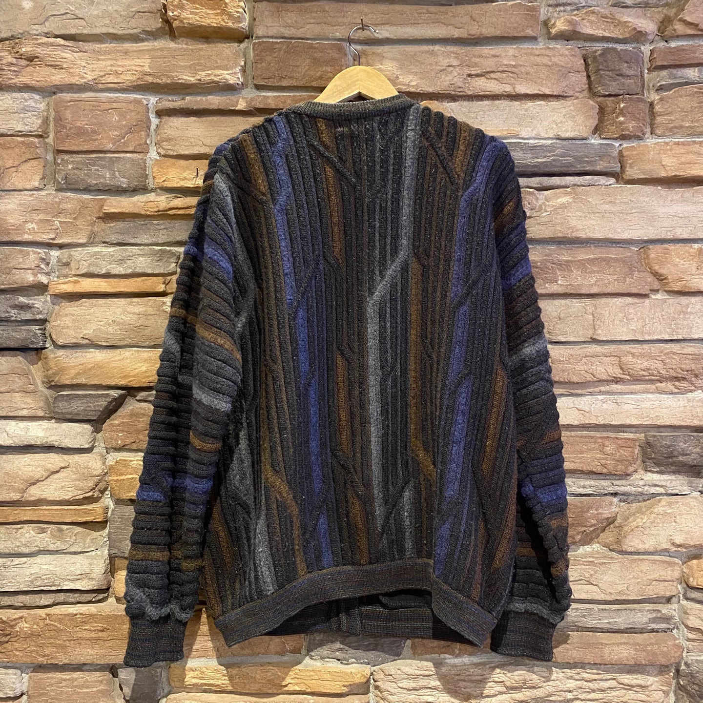 Vintage Tosani Coogi Style 3D Knit Cardigan | Vintage Sweater | Tosani Made in Canada | Blue Brown and Black 3D Knit Sweater | NPQ-2108