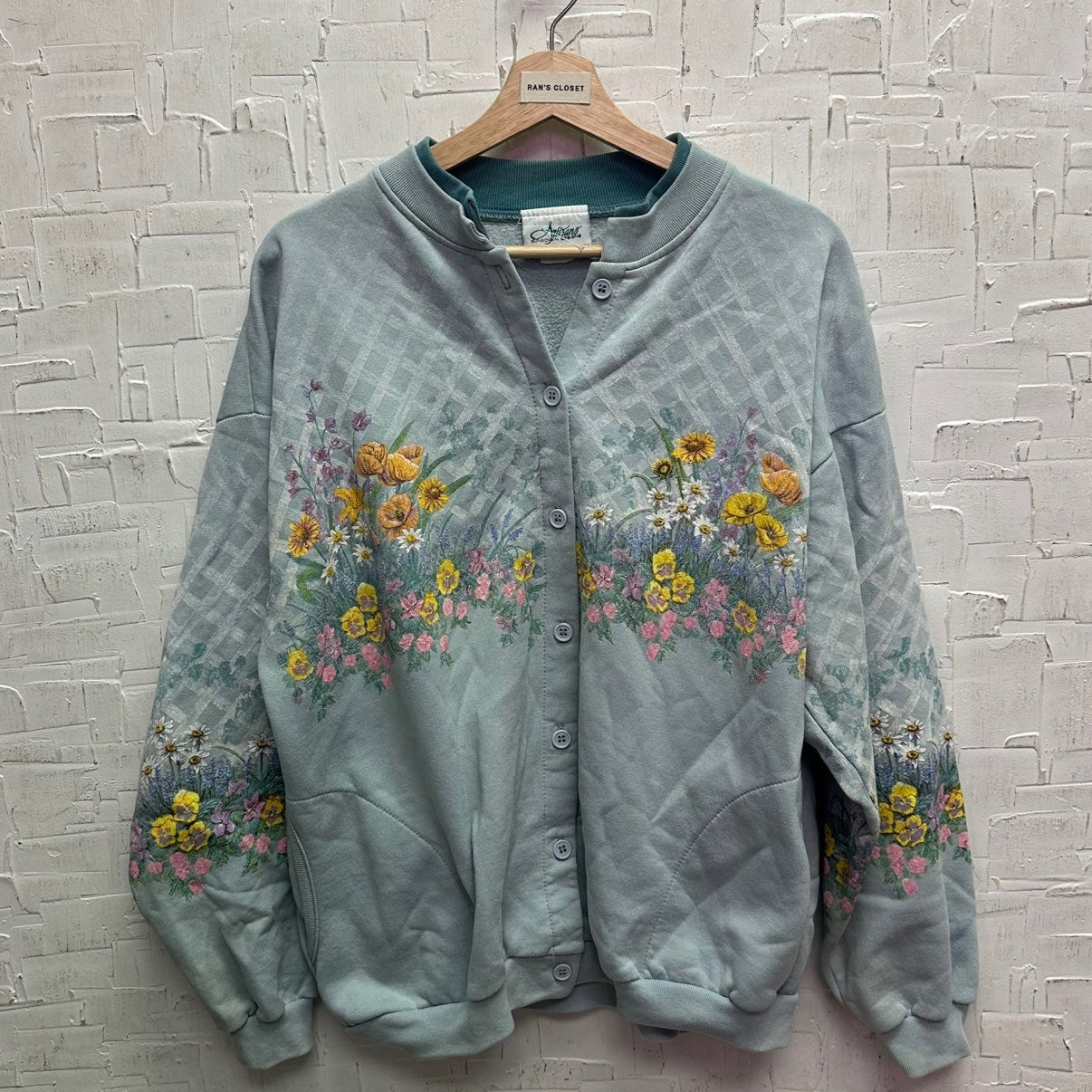 Vintage Artisans Designs Teal Button Up Cardigan with Floral Design