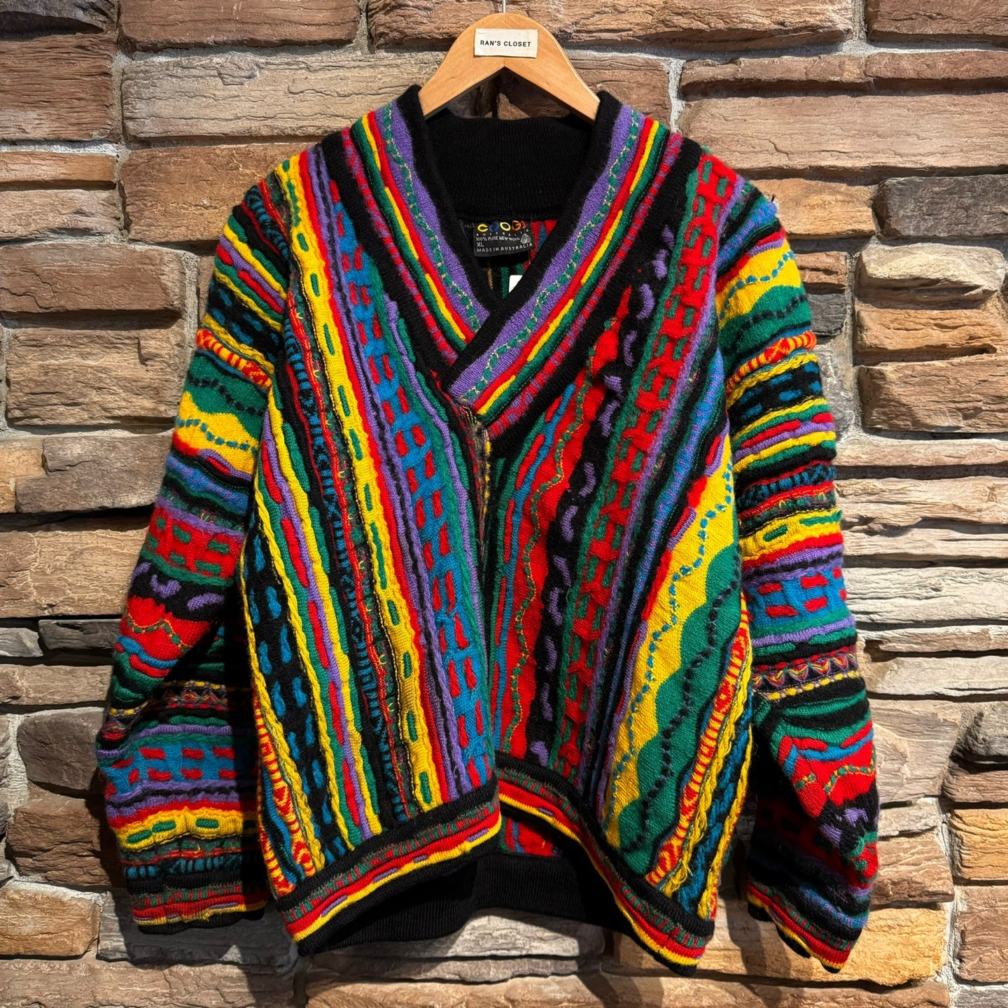 Vintage 3D Coogi Australia Multi-Coloured Wool Knit V-Neck Sweater