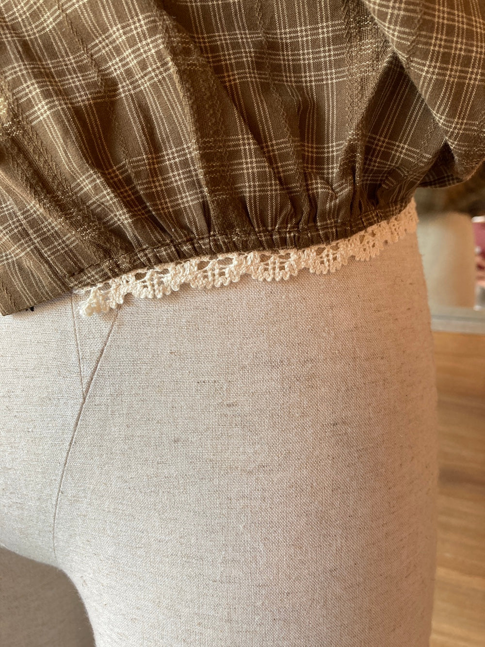 Lace Detail Plaid Short Sleeve Blouse