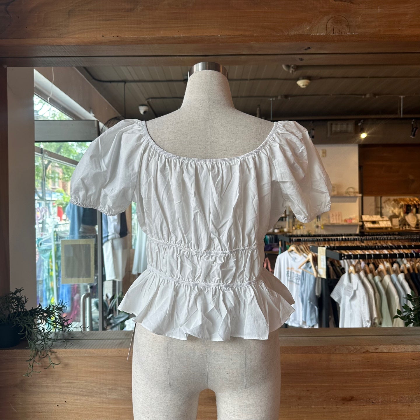 White Puff Sleeve Blouse with Lace up Detail