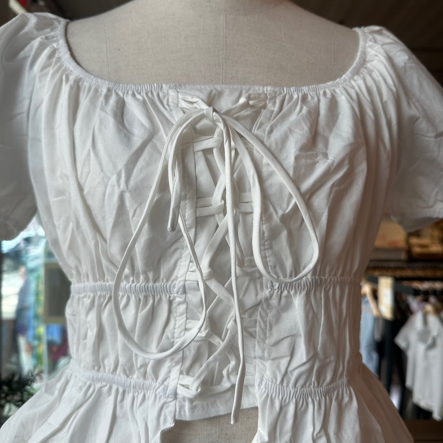 White Puff Sleeve Blouse with Lace up Detail