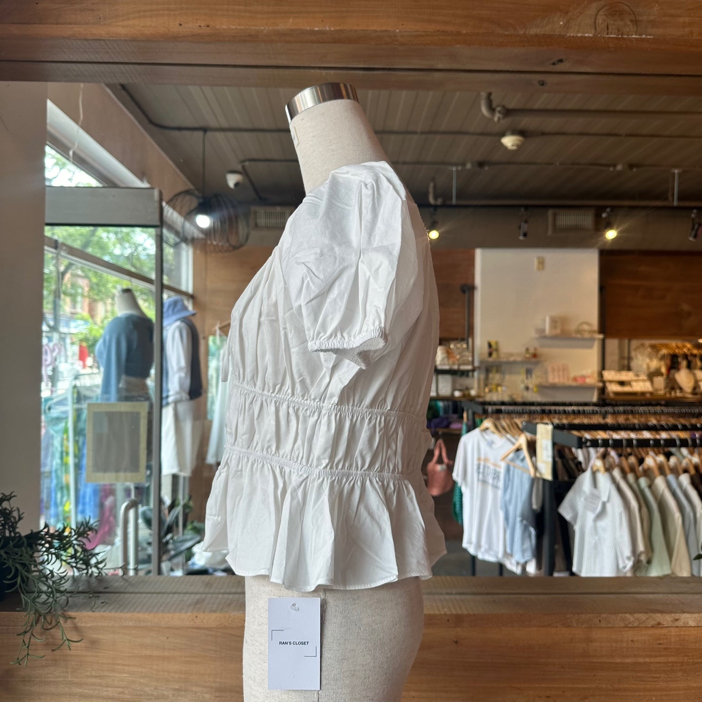 White Puff Sleeve Blouse with Lace up Detail