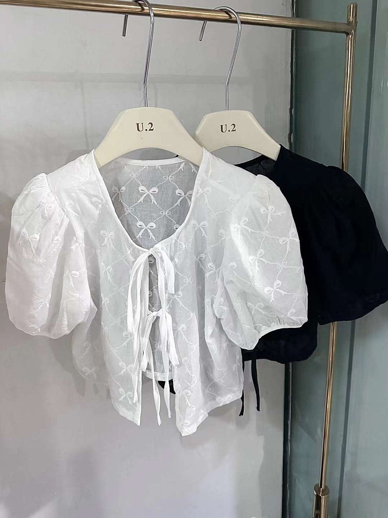 Sheer Tie Front Puff Sleeve Blouse with Bow Print