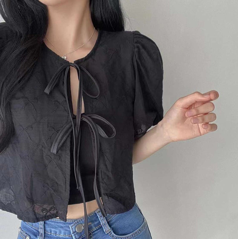 Sheer Tie Front Puff Sleeve Blouse with Bow Print
