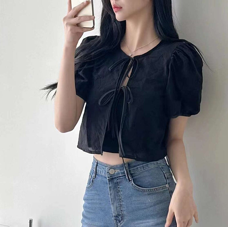 Sheer Tie Front Puff Sleeve Blouse with Bow Print