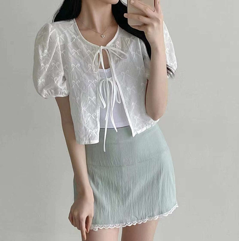 Sheer Tie Front Puff Sleeve Blouse with Bow Print