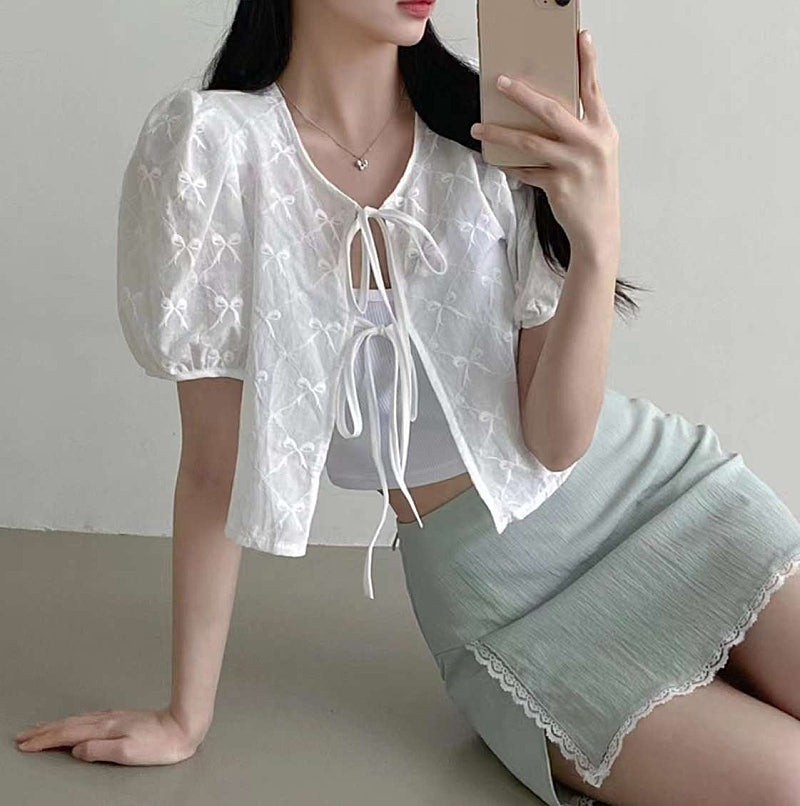 Sheer Tie Front Puff Sleeve Blouse with Bow Print