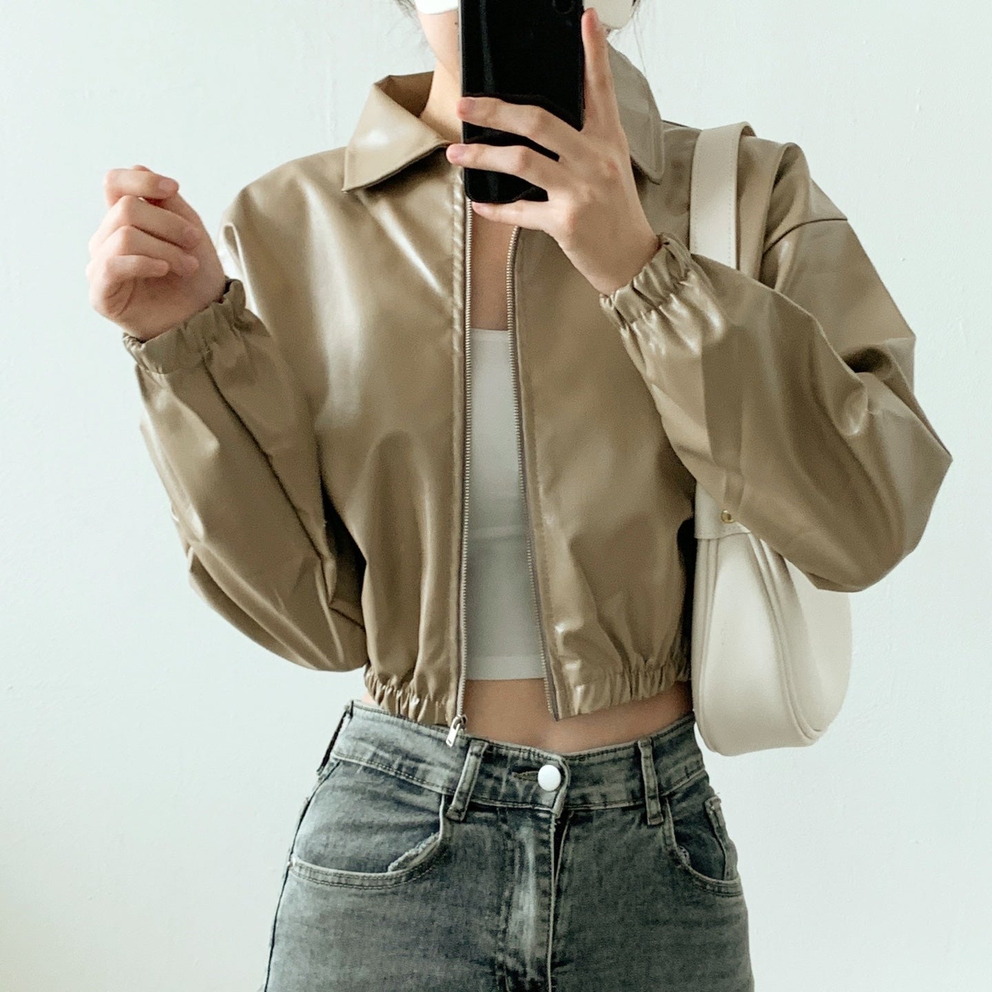 Cropped Large Collar Bomber Jacket