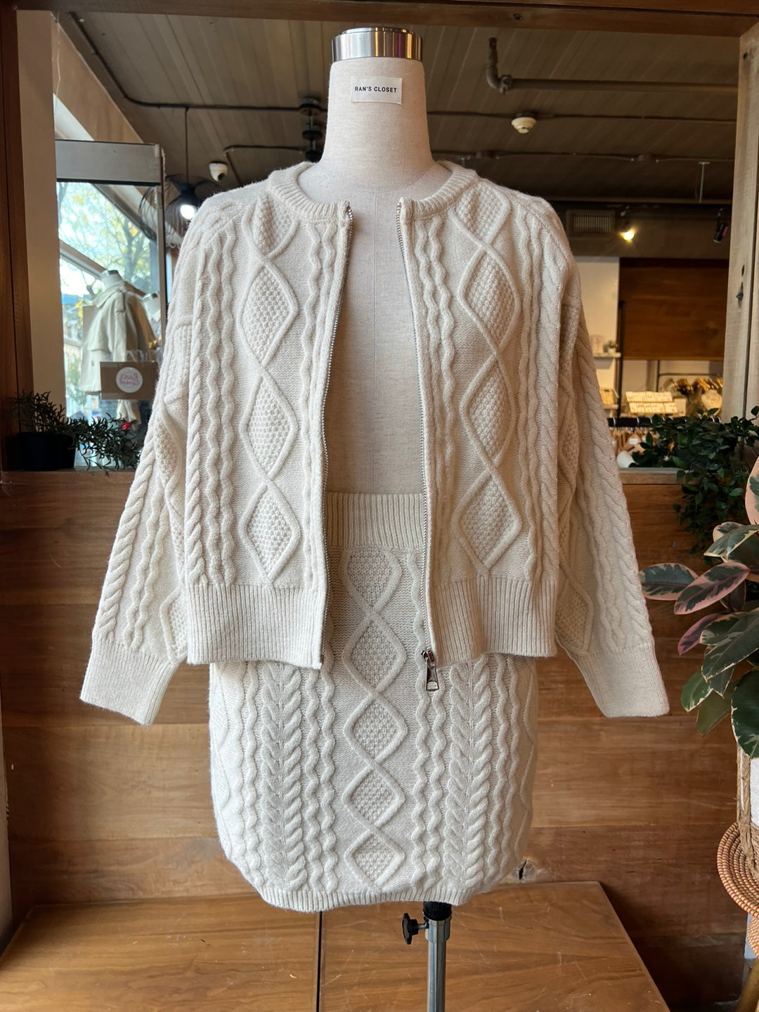Cable Knit Zip Up Sweater and Mini Skirt Set
