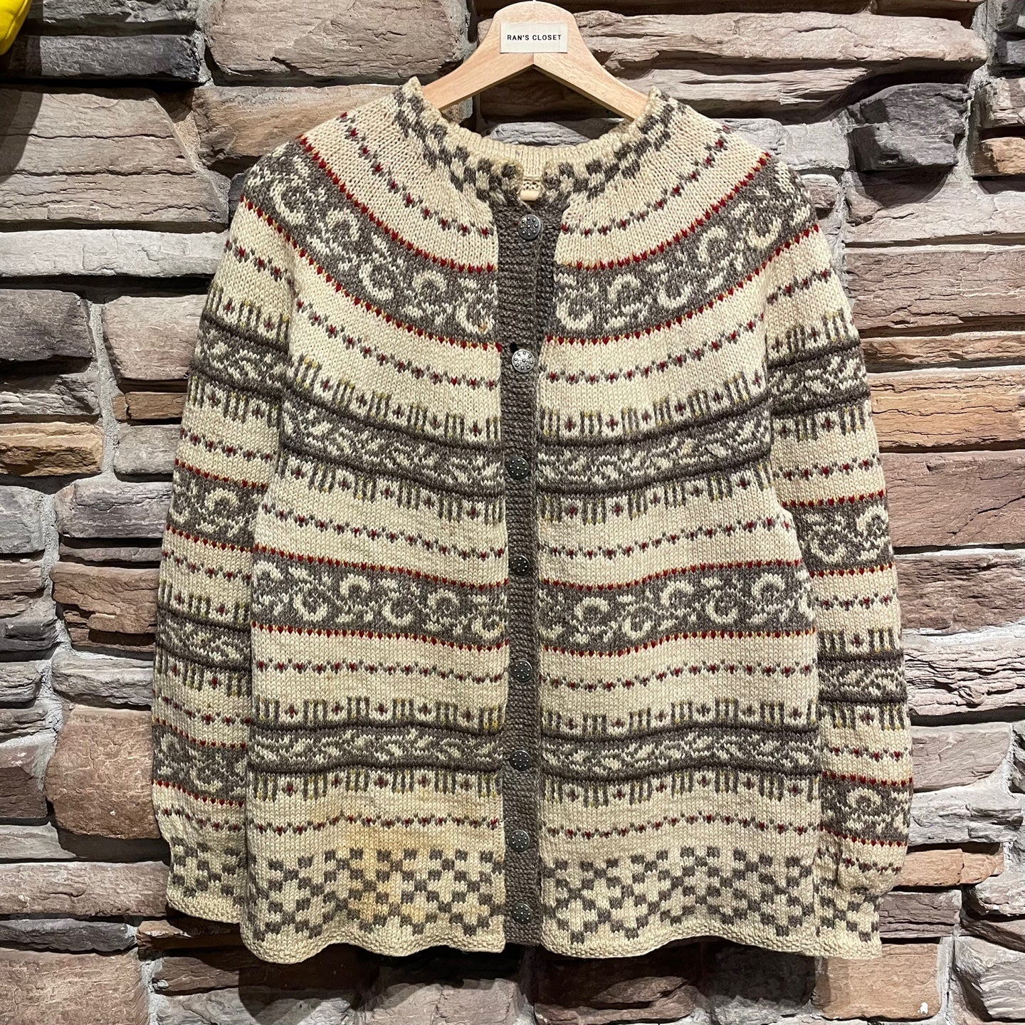 Vintage Grey and Ivory Hand Knit Nordic Wool Patterned Cardigan