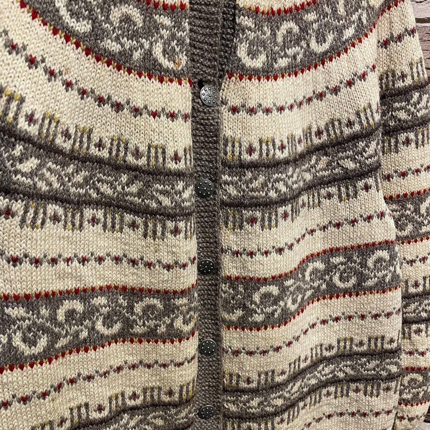 Vintage Grey and Ivory Hand Knit Nordic Wool Patterned Cardigan