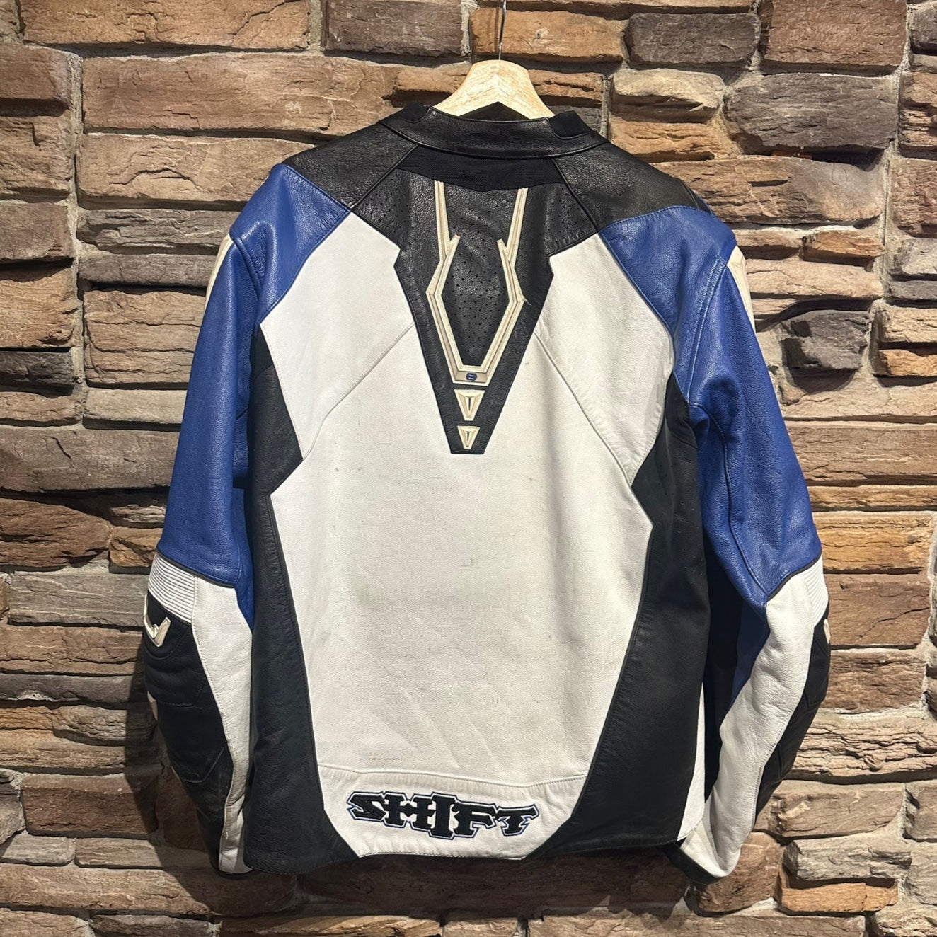 Vintage Shift Blue Black and White Leather Padded Biker Jacket