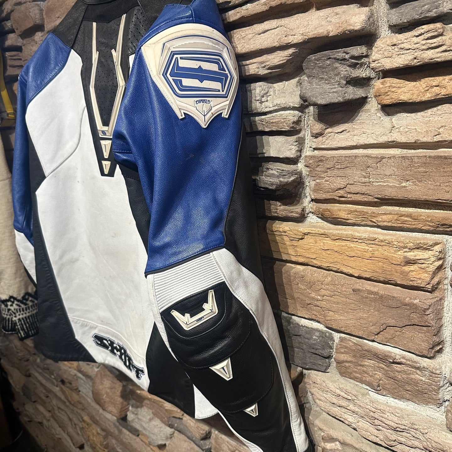 Vintage Shift Blue Black and White Leather Padded Biker Jacket