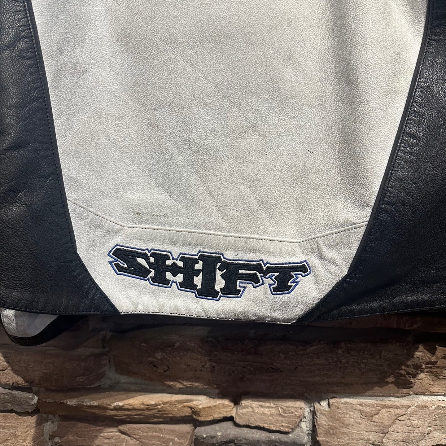 Vintage Shift Blue Black and White Leather Padded Biker Jacket