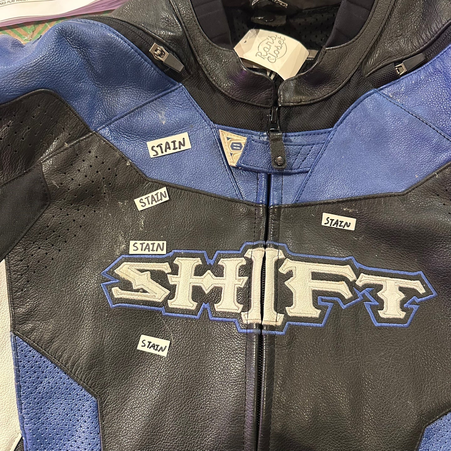 Vintage Shift Blue Black and White Leather Padded Biker Jacket
