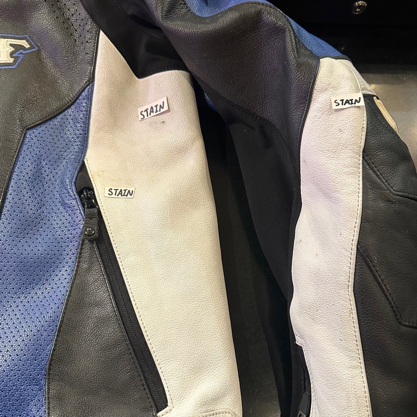 Vintage Shift Blue Black and White Leather Padded Biker Jacket