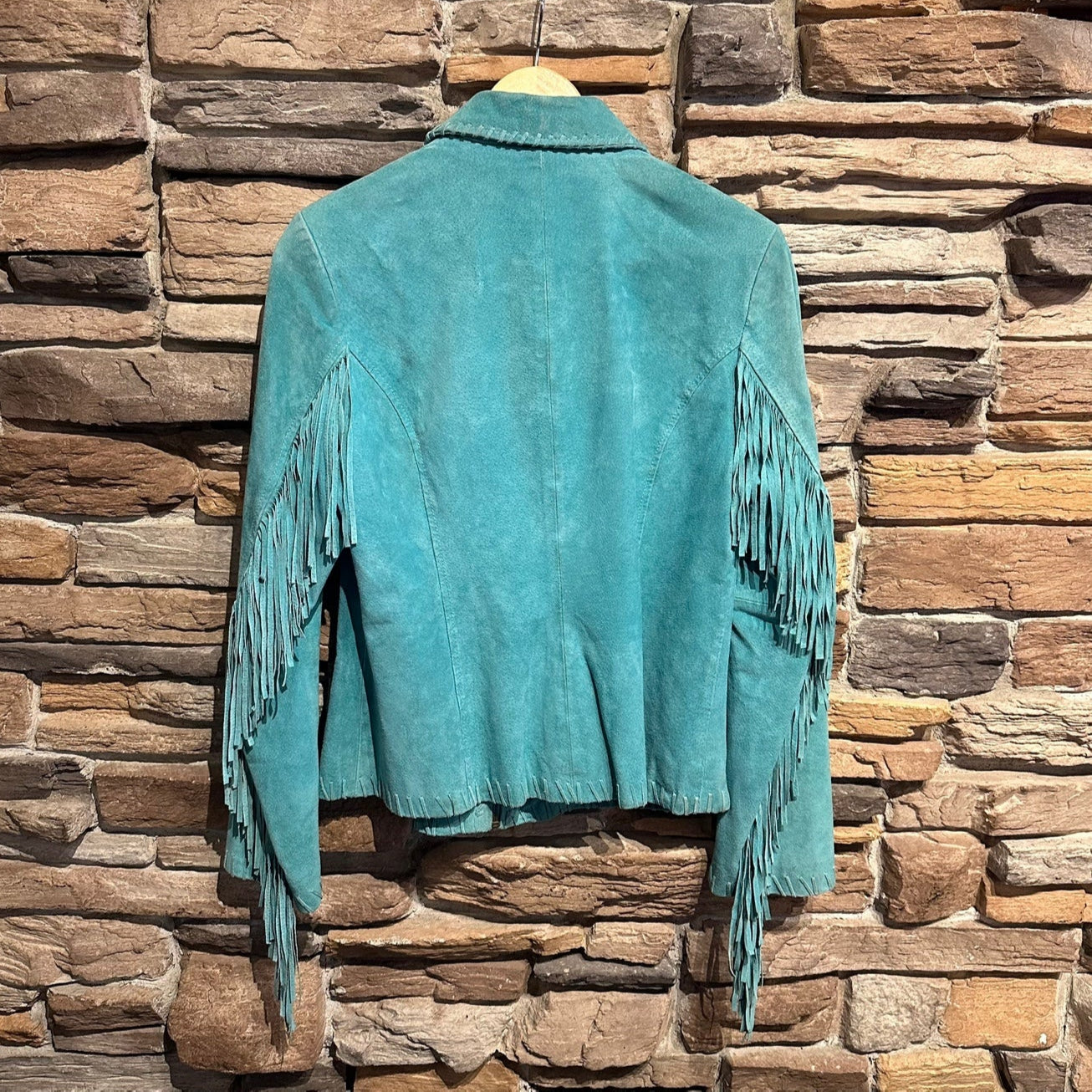 Vintage 3B West Teal Fringe Leather Jacket