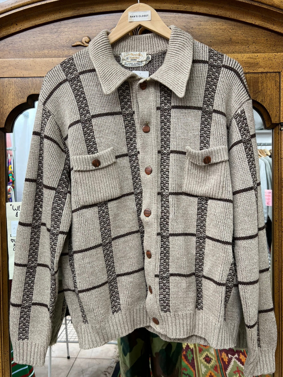 Vintage Tundra Striped Wooden Buttoned Knit Cardigan Sweater