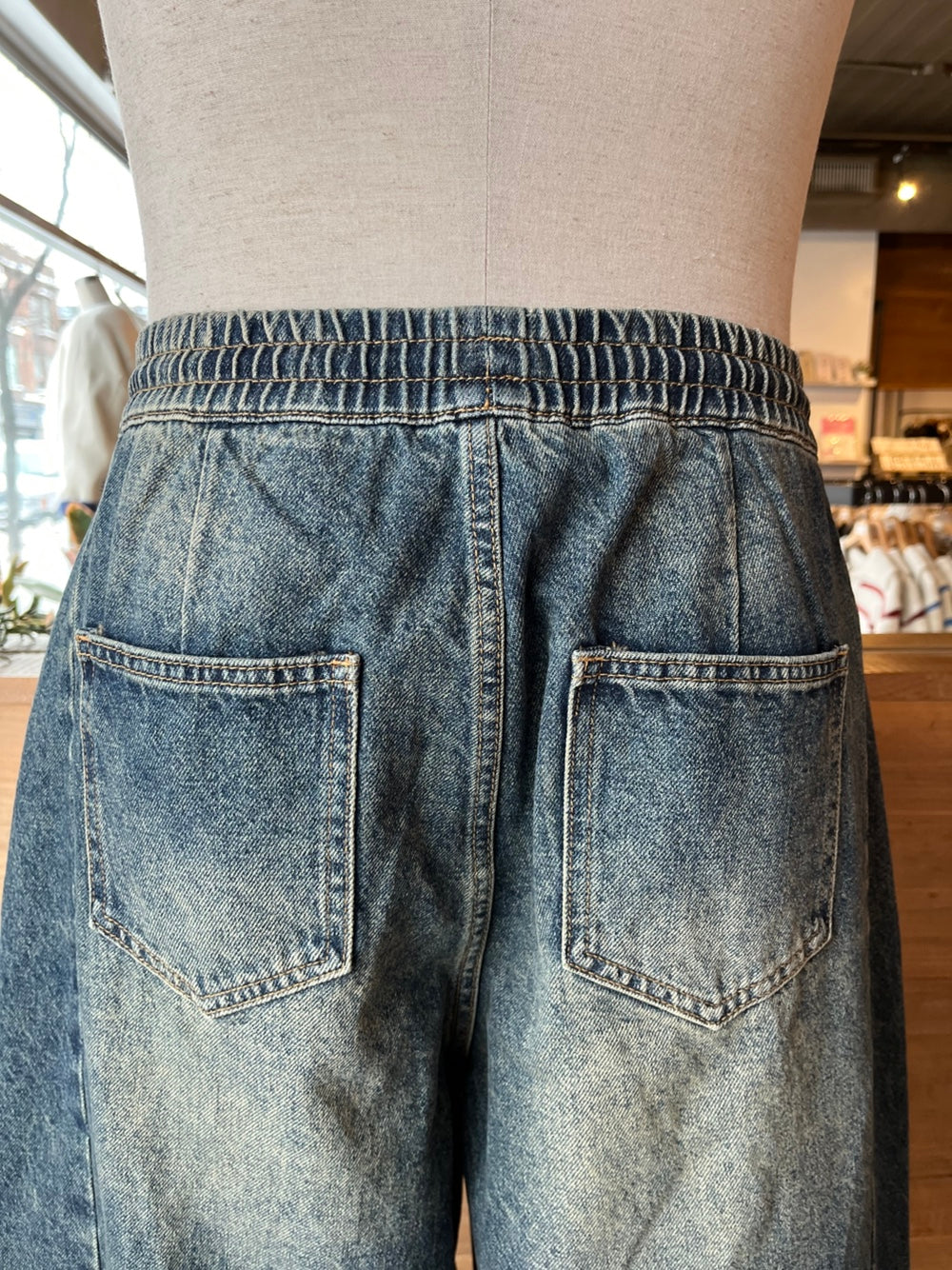 Drawstring Denim Barrel Jeans