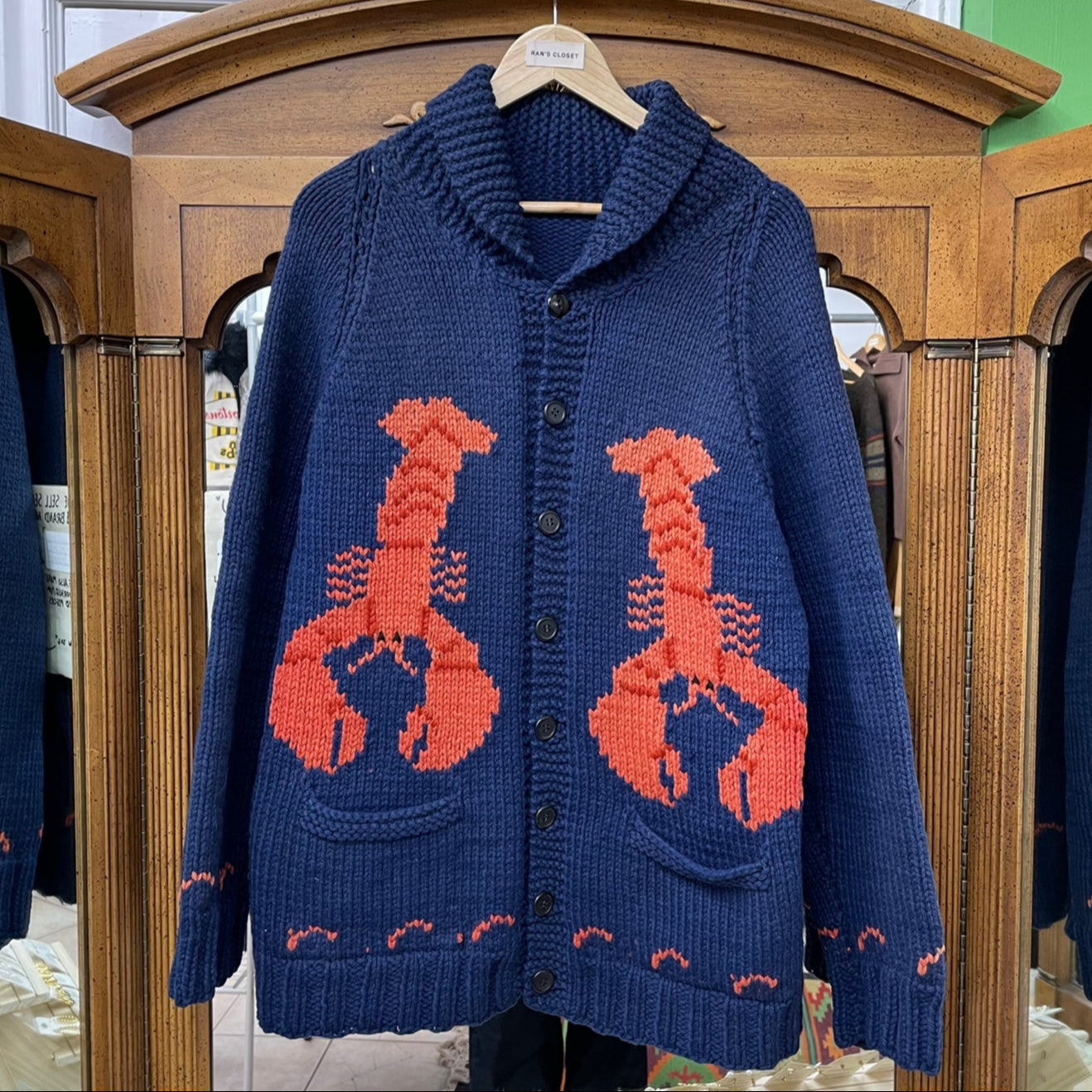 Vintage Oversized Heavy Knit Blue Cardigan with Lobsters