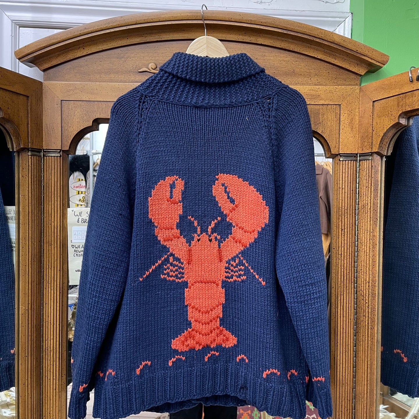 Vintage Oversized Heavy Knit Blue Cardigan with Lobsters