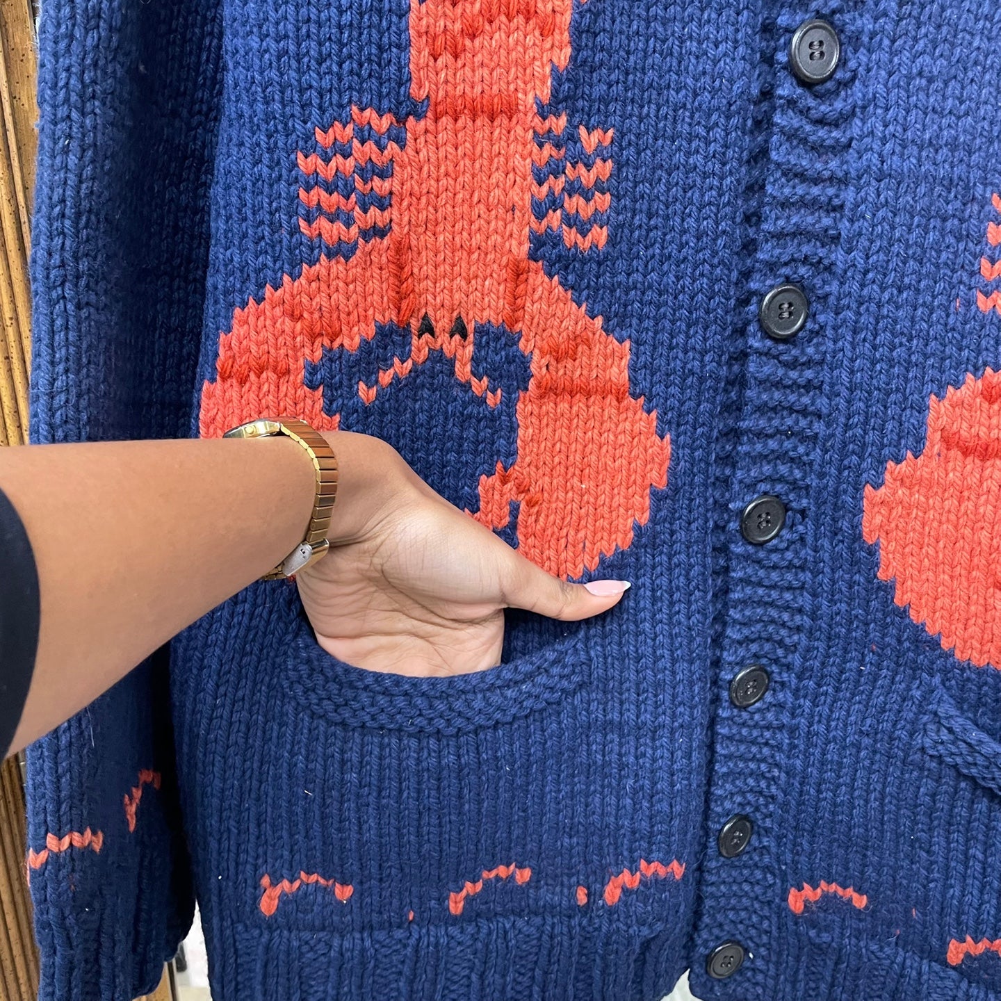 Vintage Oversized Heavy Knit Blue Cardigan with Lobsters
