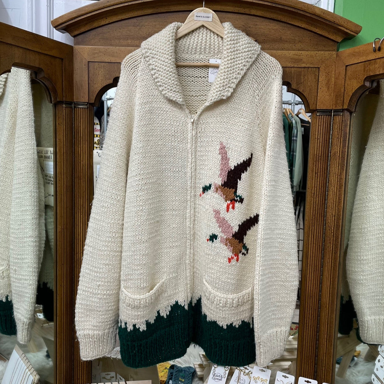 Vintage Zip Up Knit Sweater with Ducks