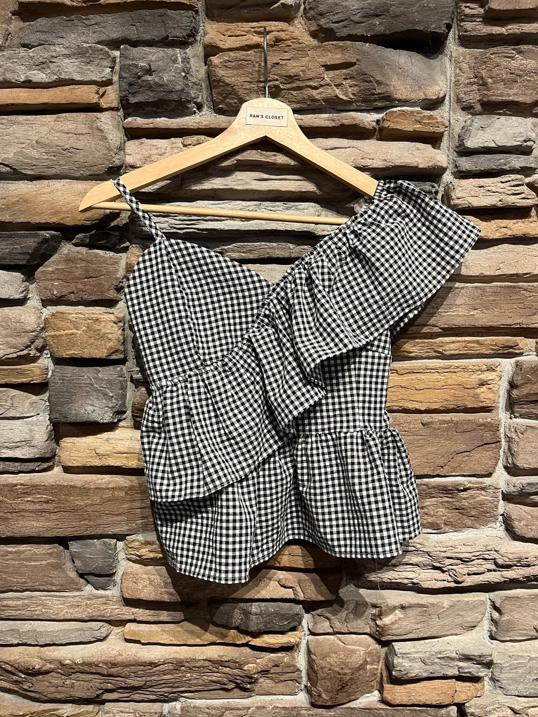 One Shoulder Gingham Ruffle Blouse