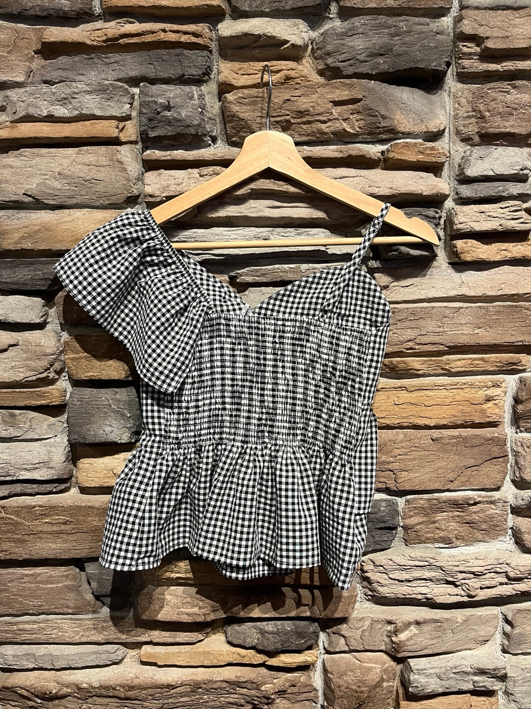 One Shoulder Gingham Ruffle Blouse