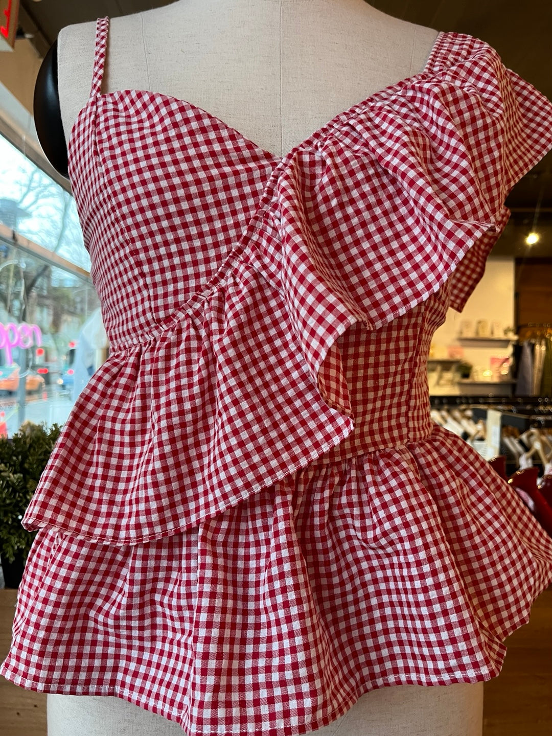 One Shoulder Gingham Ruffle Blouse